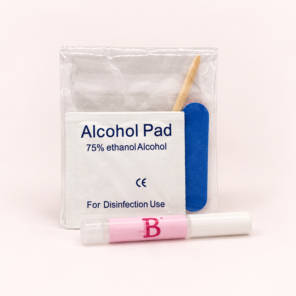 Standard care package pictured with an alcohol pad and application tools